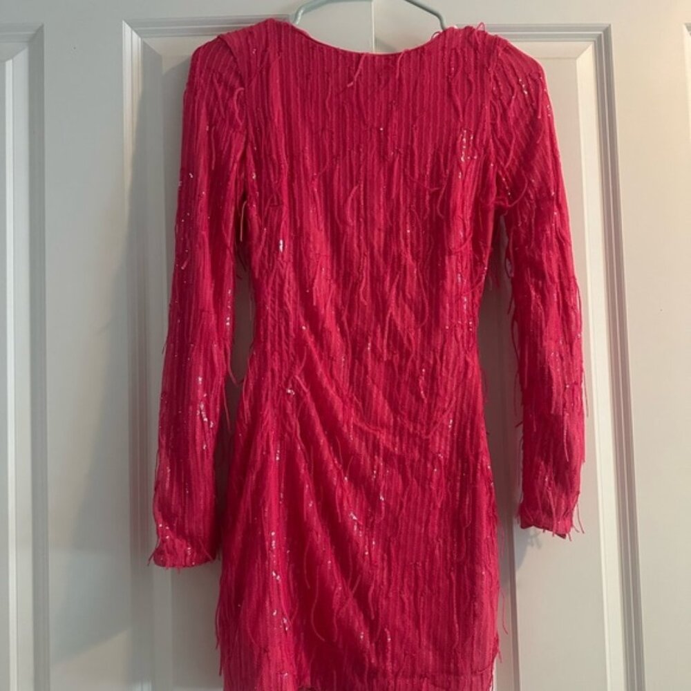 Dress the Population Fuchsia Long Sleeve Lola  Dress with Fringe